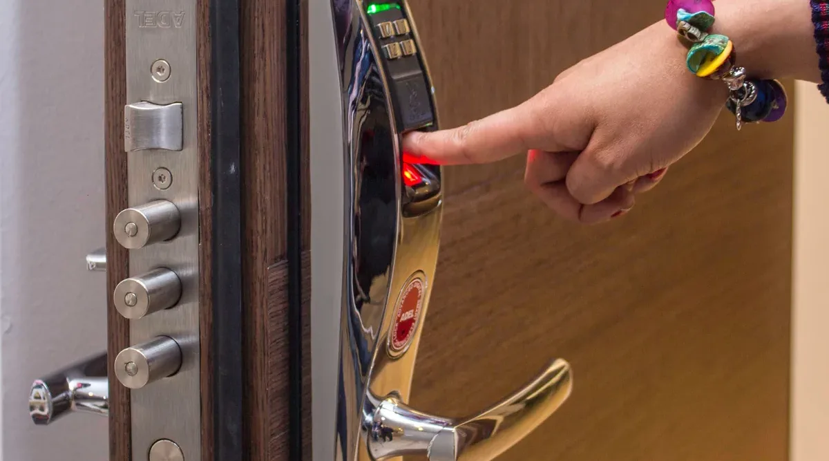 Close view of a modern door lock and handle