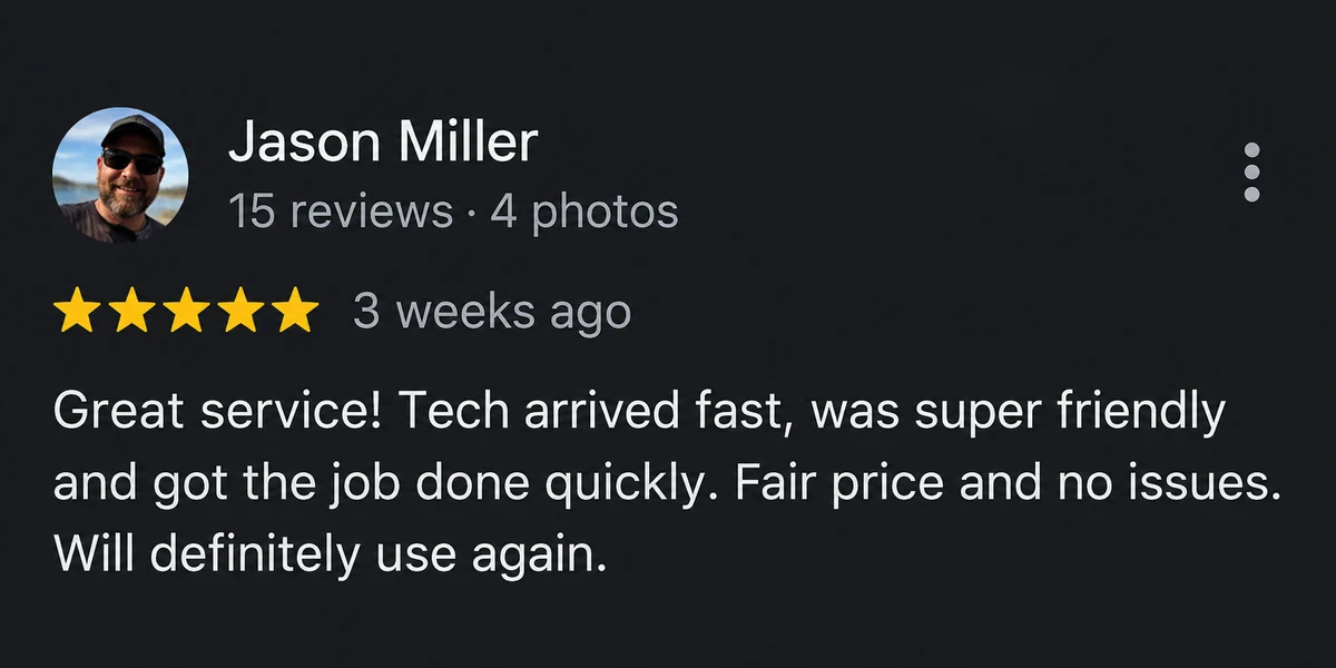 Google review by Jason Miller praising fast, friendly service and a fair price.